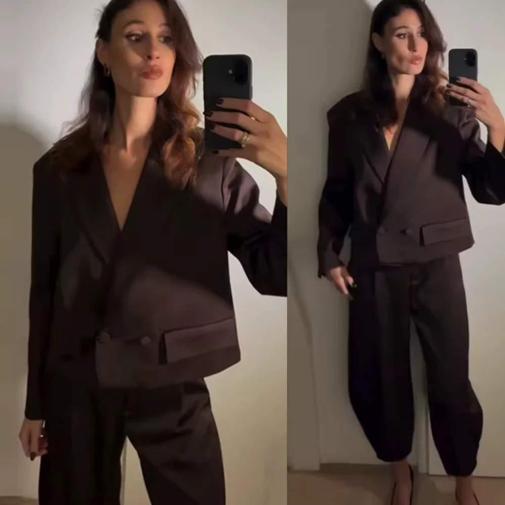 Zara Satin Double Breasted Cropped Blazer Jacket Brown Size XL